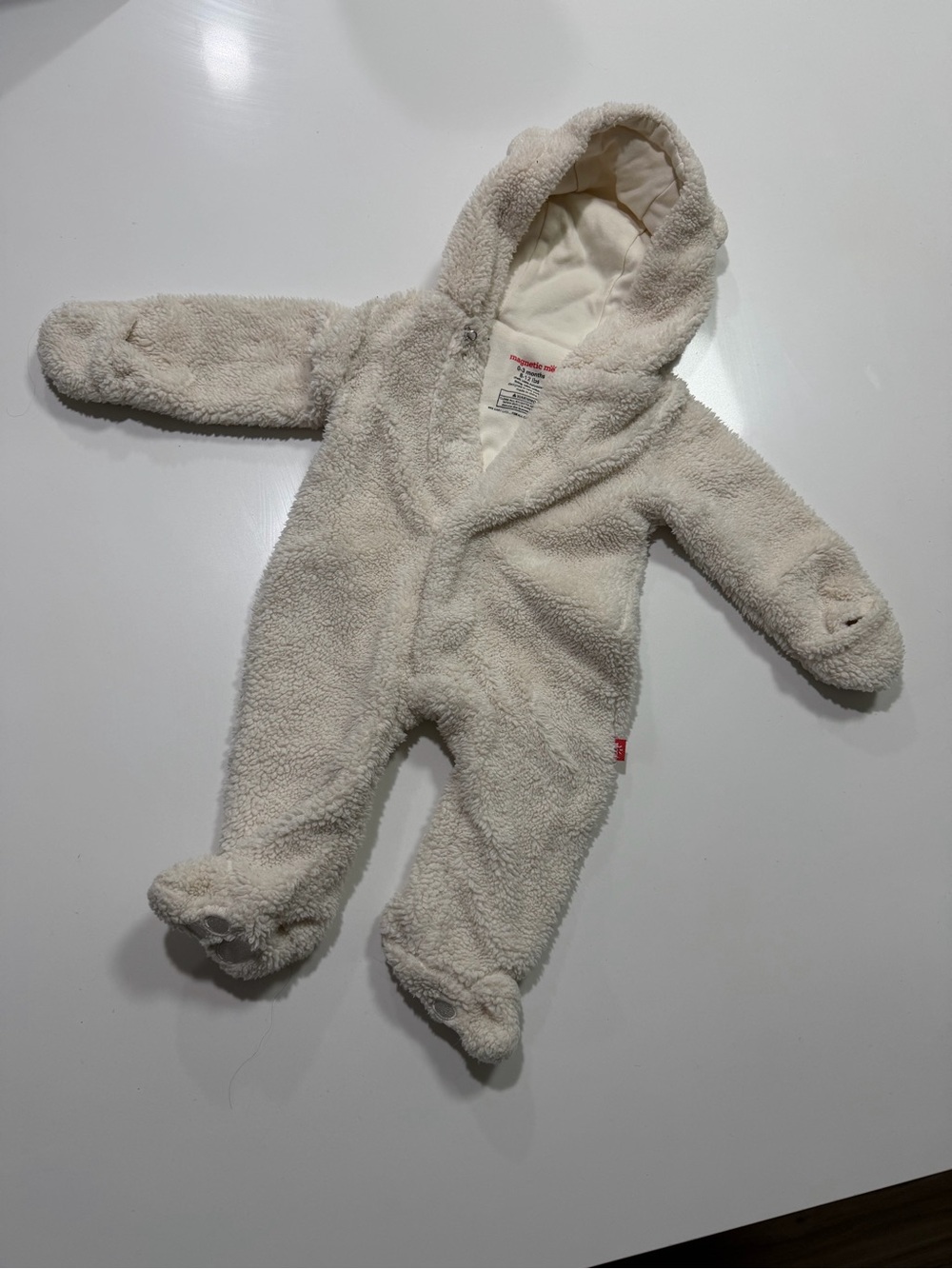Magnetic Me Cream Plush Hooded Footed One-Piece bear suit